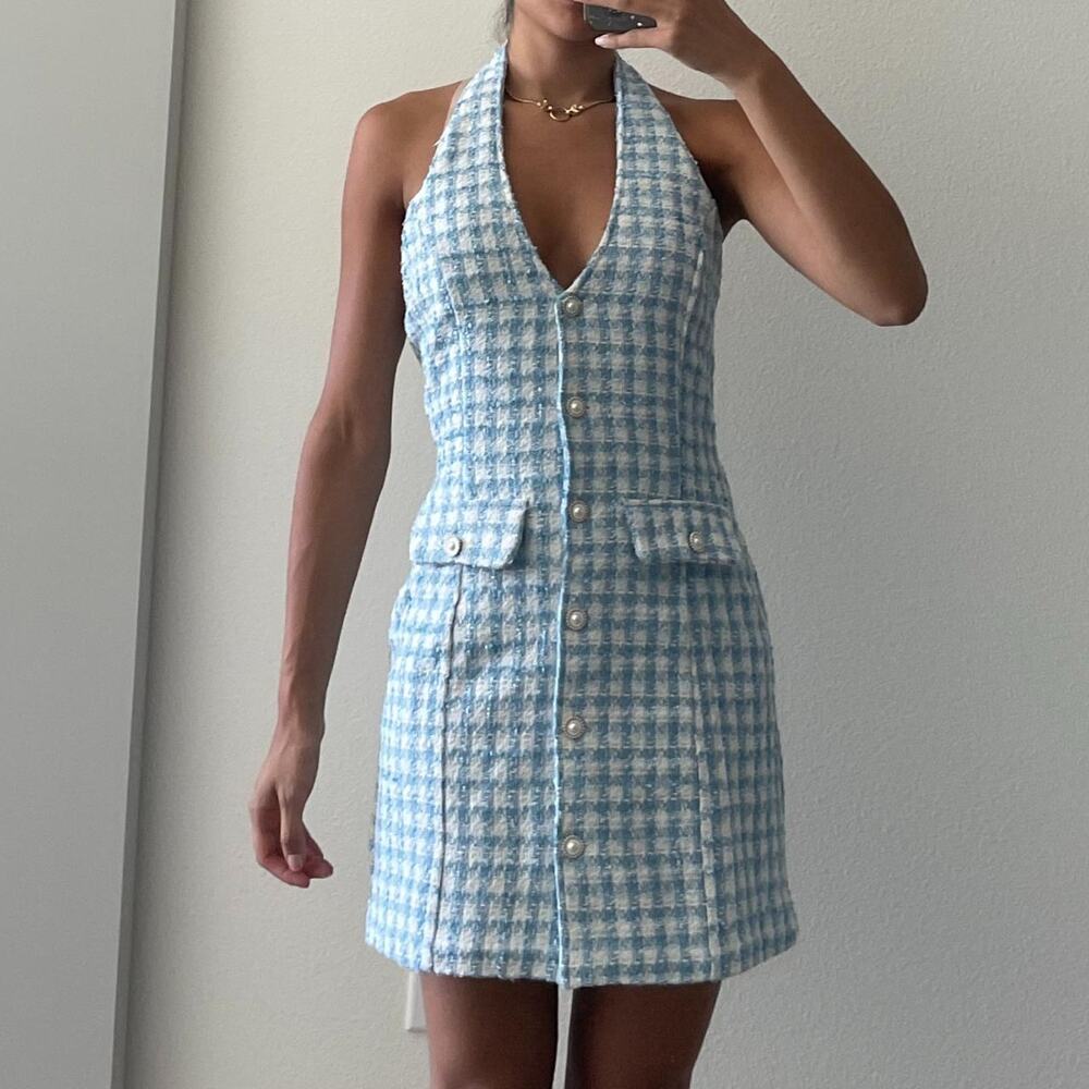 Blue Gingham Tweed Dress